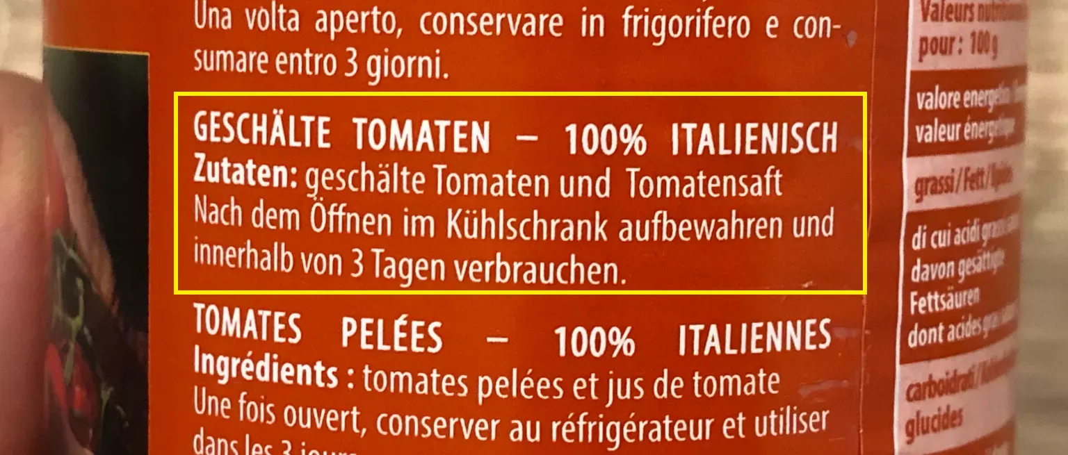 Abbildung einer Dose Tomaten, welche nur Tomaten und Tomatensaft enthält